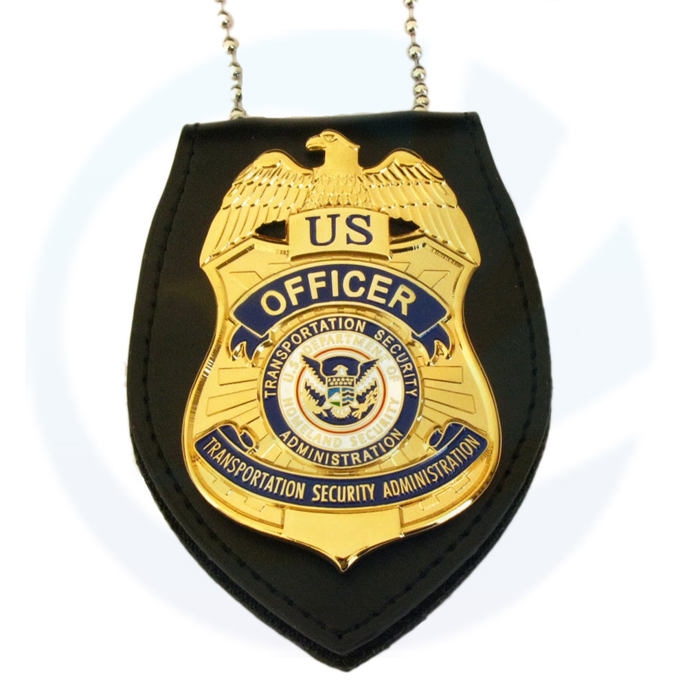 Badge in metallo in lega di zinco personalizzato personalizzato con catenella in pelle Case Arewts Belt Security Gold Police Gold General Military Lapel Pin Badge