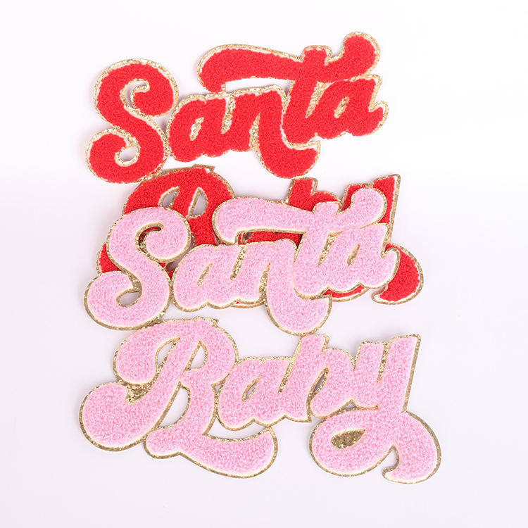 Patch di chenille di Natale all'ingrosso di ferro grande su rosa ricamato a santa baby chenille patch con glitter oro per abbigliamento