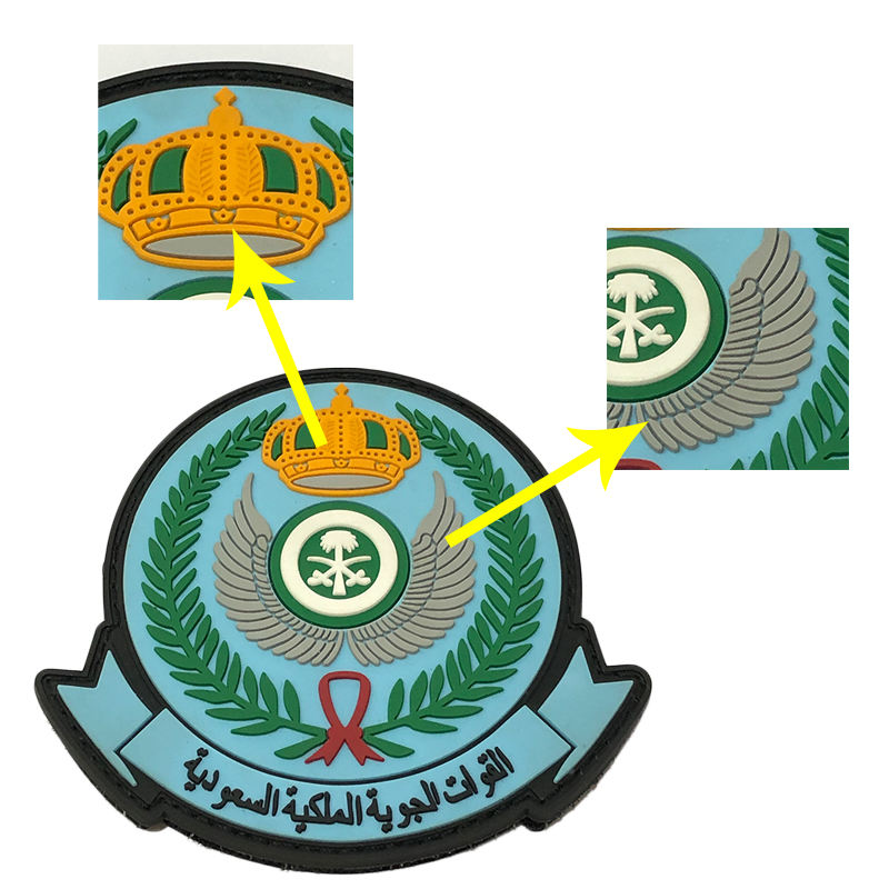 Designer personalizzato Silicone 3D PVC Bandiera di lusso Patch di gomma Logo marchio di gomma logo saudita Air Force King Base Base Military Velcro Patch 