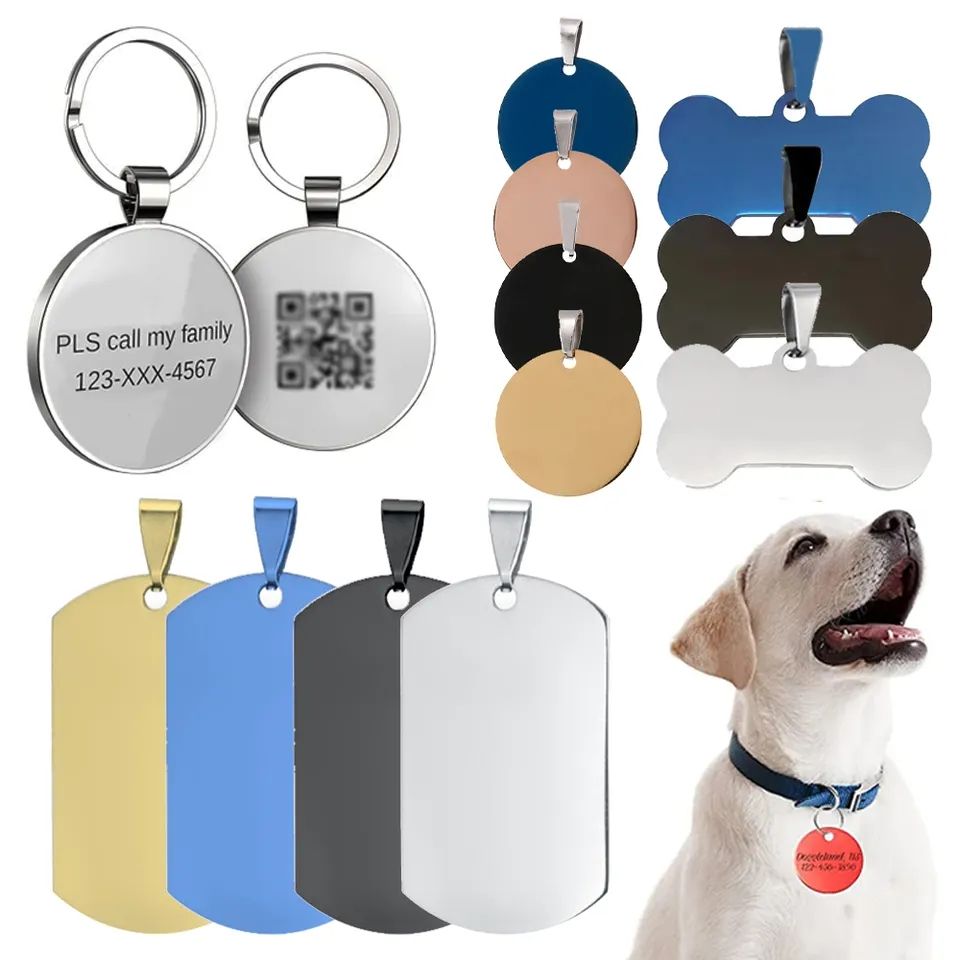 Tag del logo per incisione del laser personalizzato in metallo bianco sublimazione etichette ID cane in acciaio inossidabile etichetta per cani con portachiavi con portachiavi